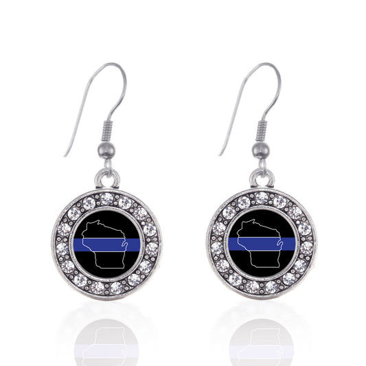 Silver Wisconsin Thin Blue Line Circle Charm Dangle Earrings