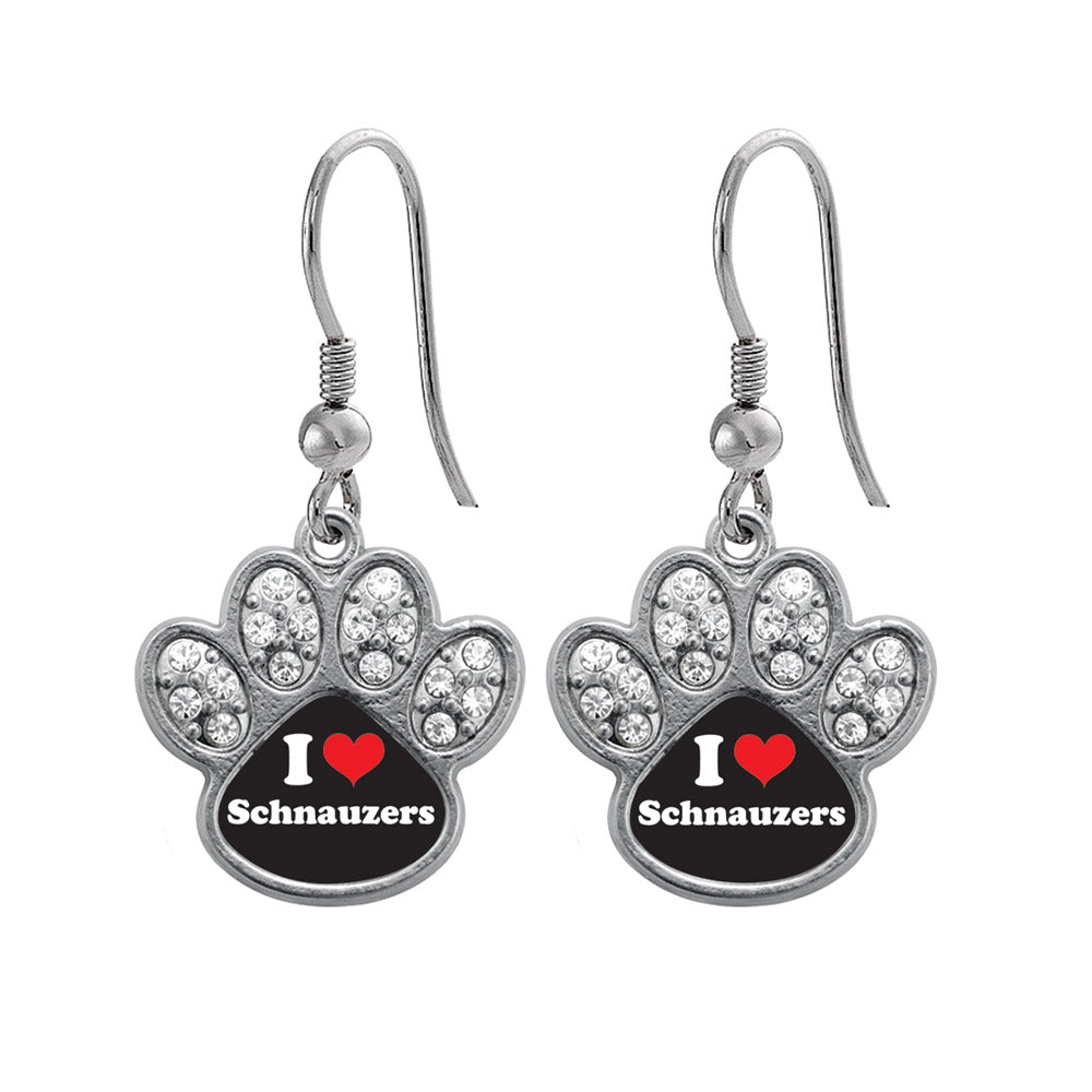 Silver I Love Schnauzers Pave Paw Charm Dangle Earrings