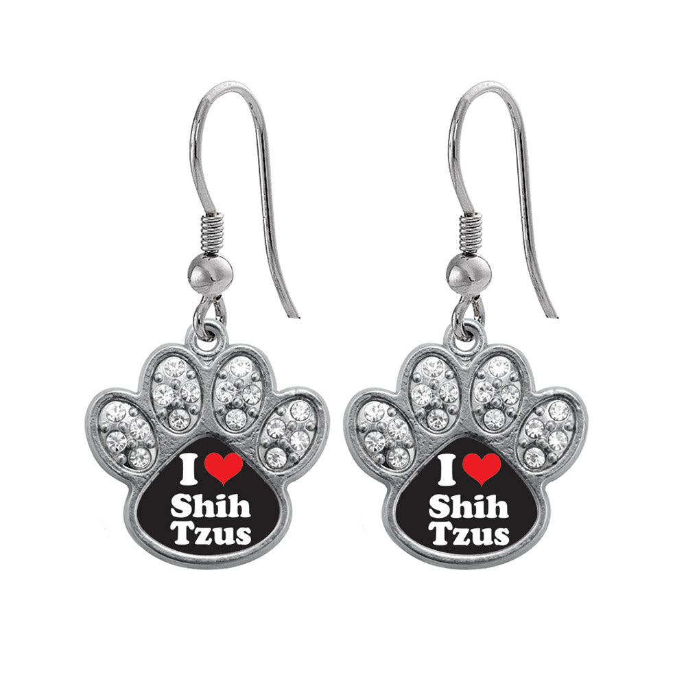 Silver I Love Shih Tzus Pave Paw Charm Dangle Earrings