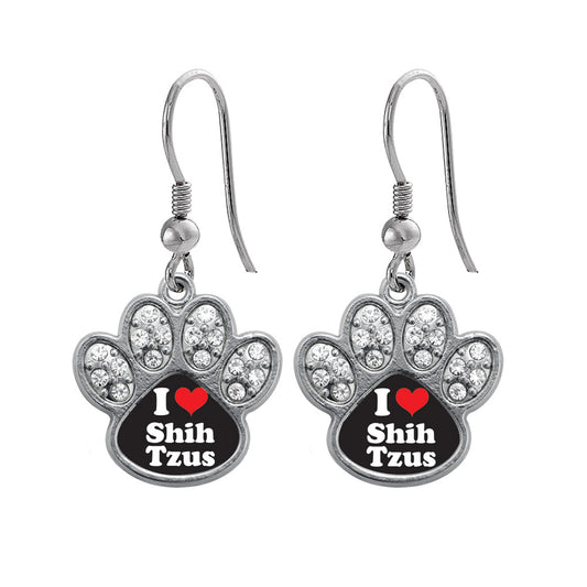 Silver I Love Shih Tzus Pave Paw Charm Dangle Earrings