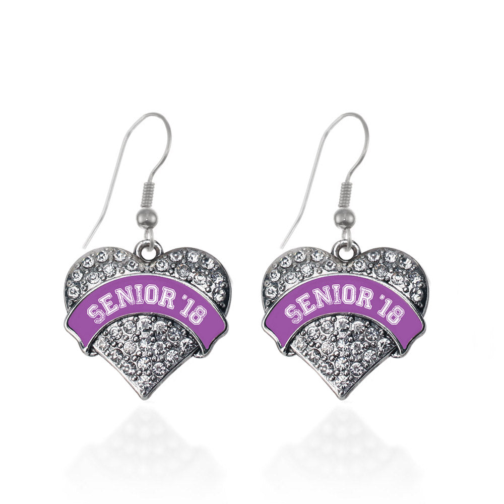 Silver Purple Senior 2018 Pave Heart Charm Dangle Earrings