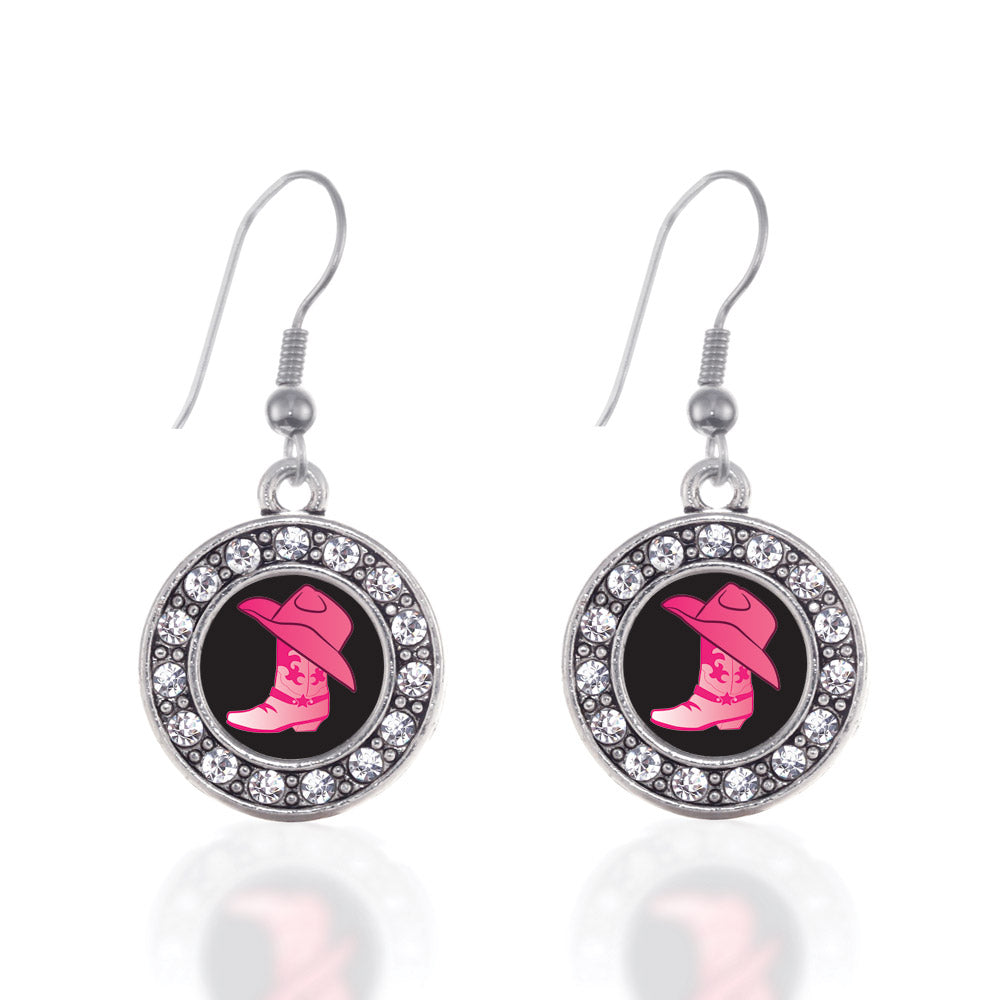 Silver Cowgirl Boot Circle Charm Dangle Earrings