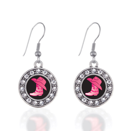Silver Cowgirl Boot Circle Charm Dangle Earrings