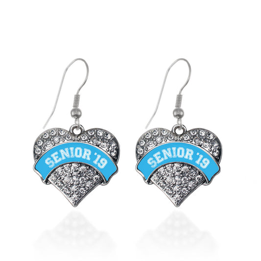 Silver Blue Senior 2019 Pave Heart Charm Dangle Earrings