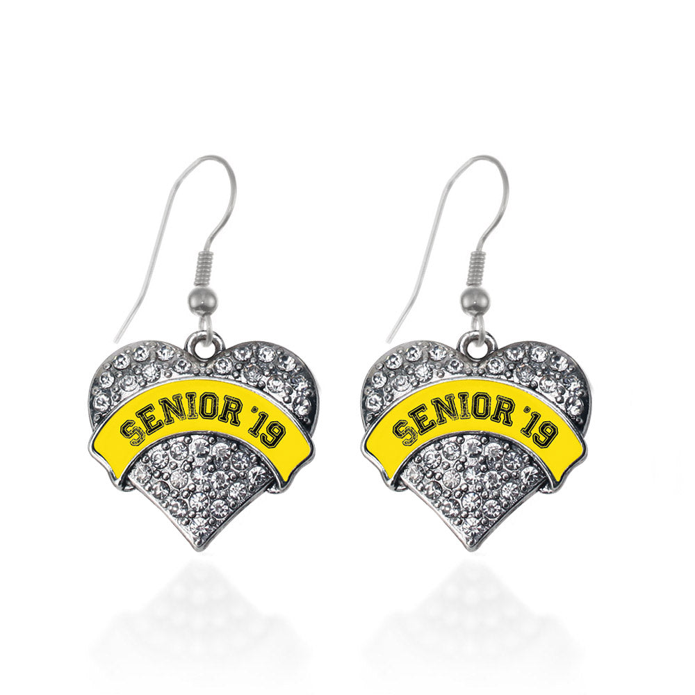 Silver Yellow Senior 2019 Pave Heart Charm Dangle Earrings