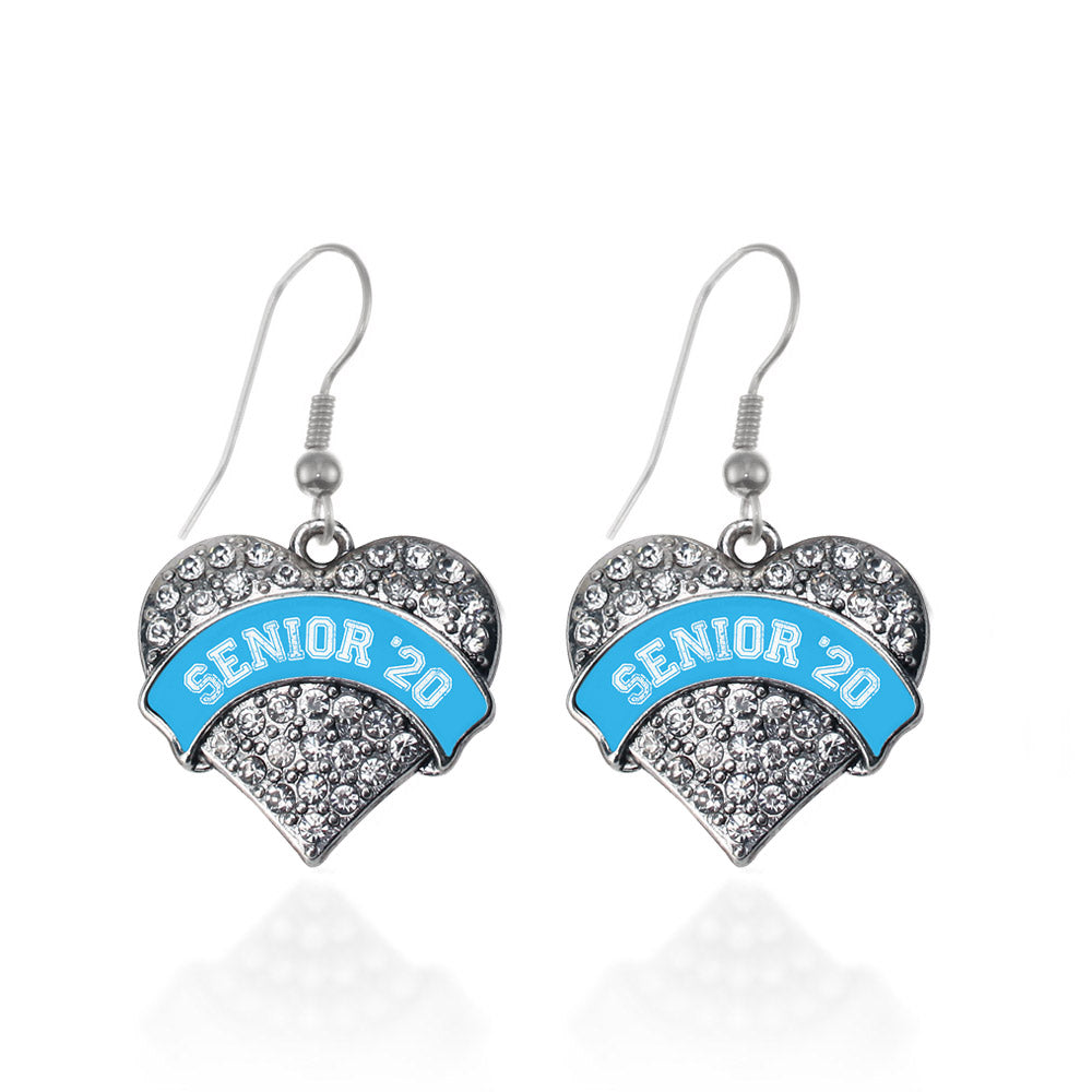 Silver Blue Senior 2020 Pave Heart Charm Dangle Earrings