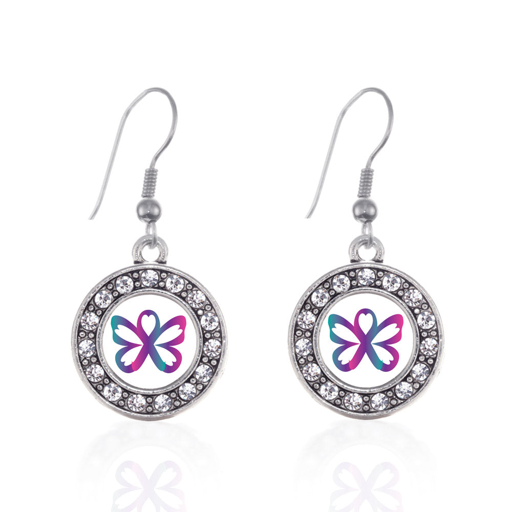 Silver Thyroid Butterfly Circle Charm Dangle Earrings