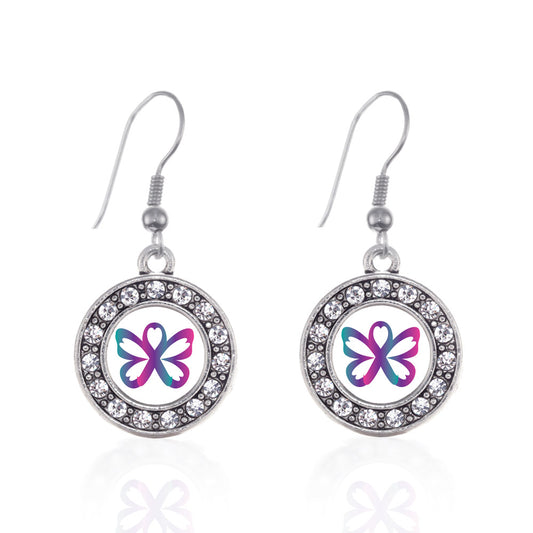 Silver Thyroid Butterfly Circle Charm Dangle Earrings
