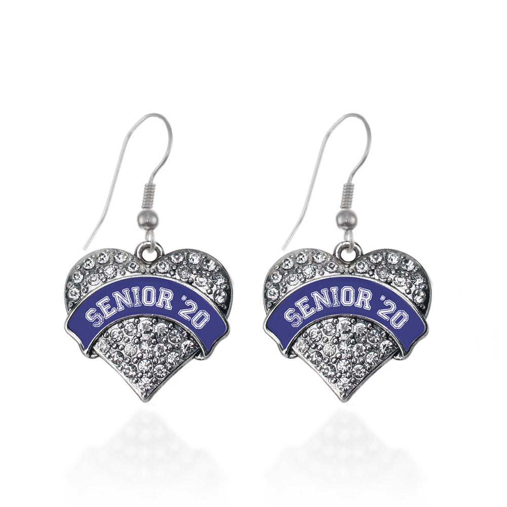 Silver Navy Blue Senior 2020 Pave Heart Charm Dangle Earrings