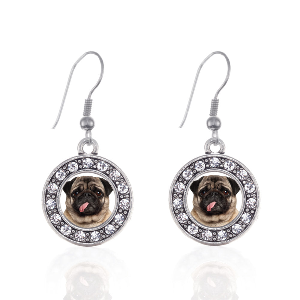Silver Pug Face Circle Charm Dangle Earrings