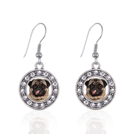 Silver Pug Face Circle Charm Dangle Earrings
