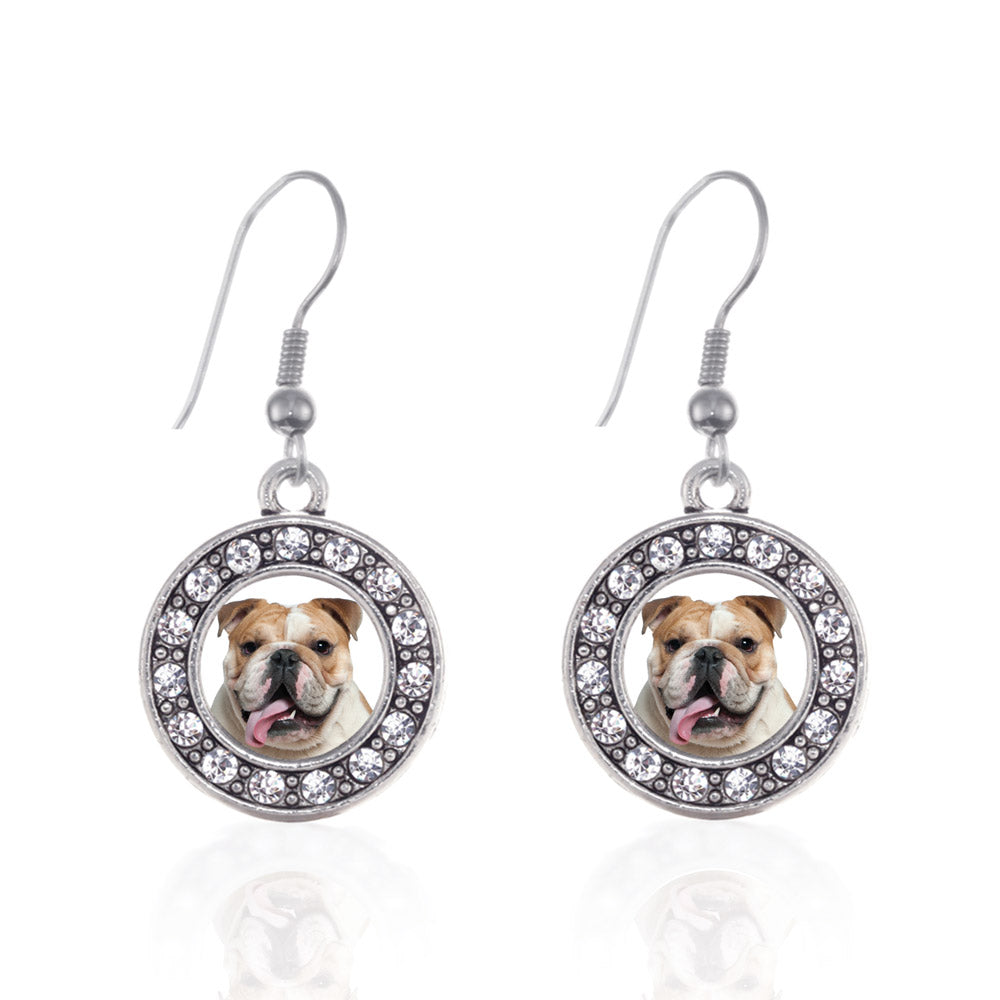 Silver Bulldog Face Circle Charm Dangle Earrings