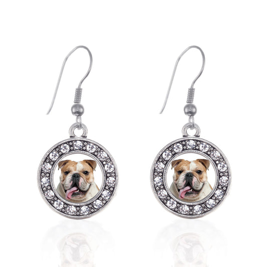Silver Bulldog Face Circle Charm Dangle Earrings