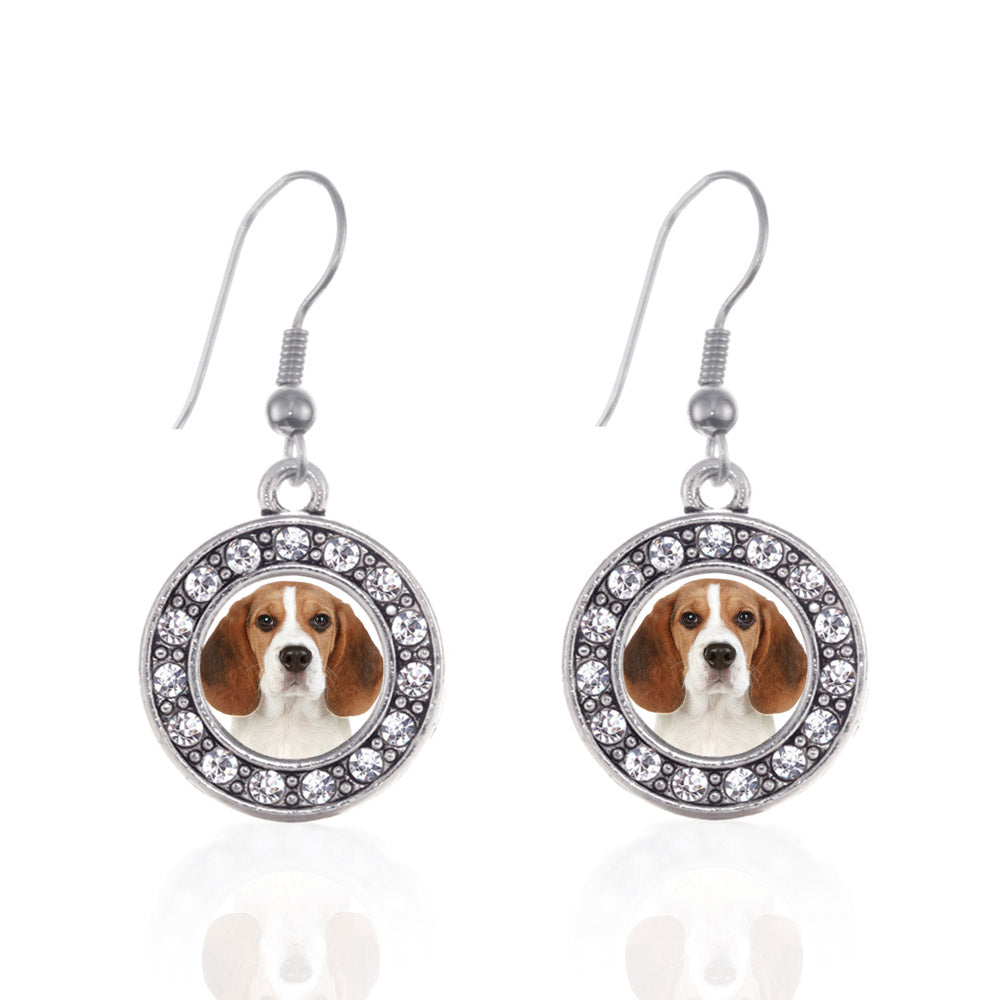 Silver Beagle Face Circle Charm Dangle Earrings