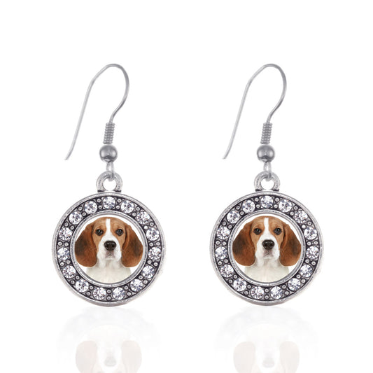 Silver Beagle Face Circle Charm Dangle Earrings
