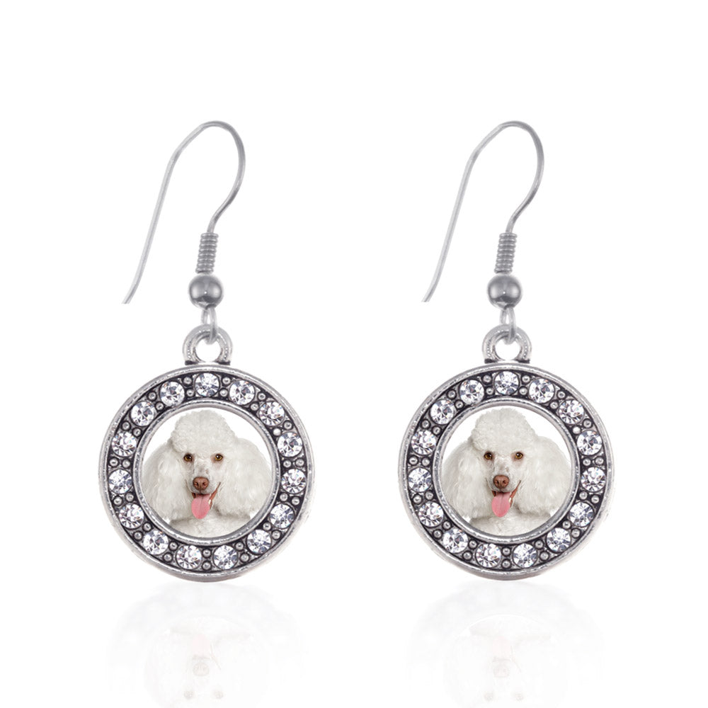 Silver Poodle Face Circle Charm Dangle Earrings