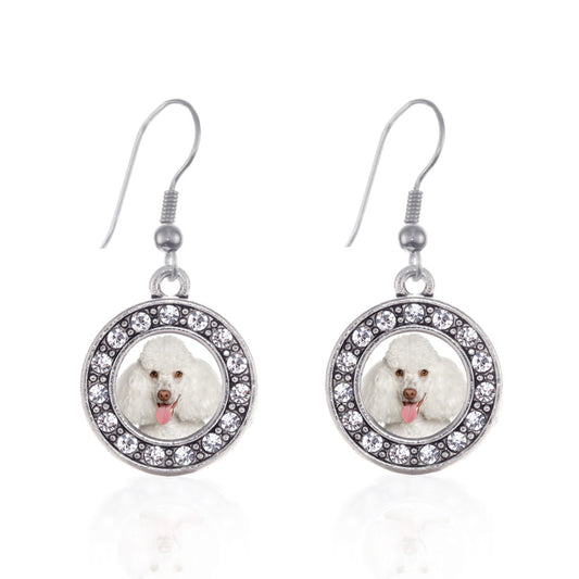 Silver Poodle Face Circle Charm Dangle Earrings