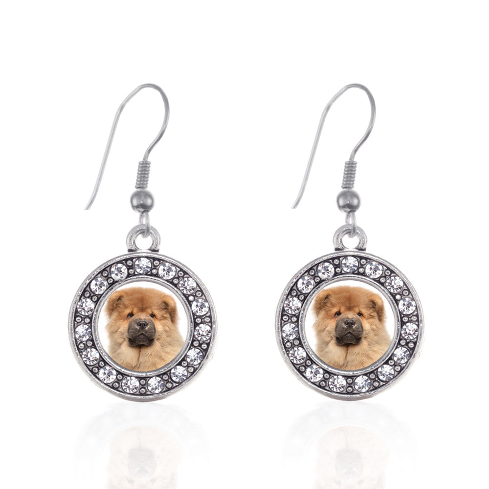 Silver Chow Chow Face Circle Charm Dangle Earrings