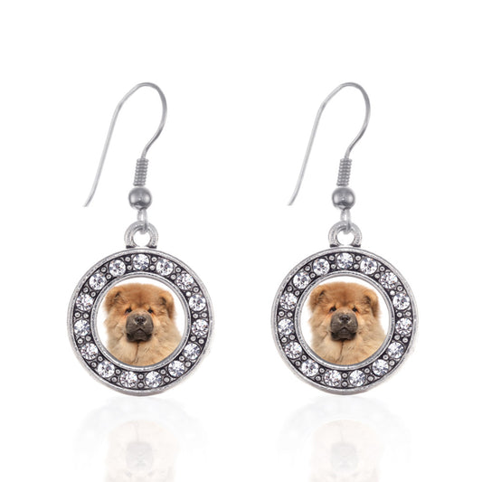 Silver Chow Chow Face Circle Charm Dangle Earrings