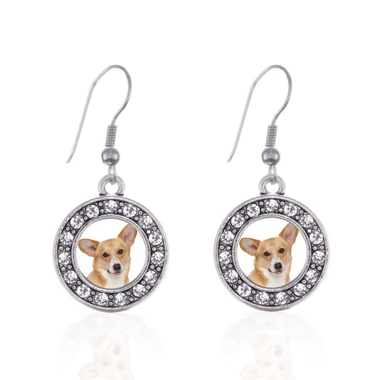 Silver Corgi Face Circle Charm Dangle Earrings
