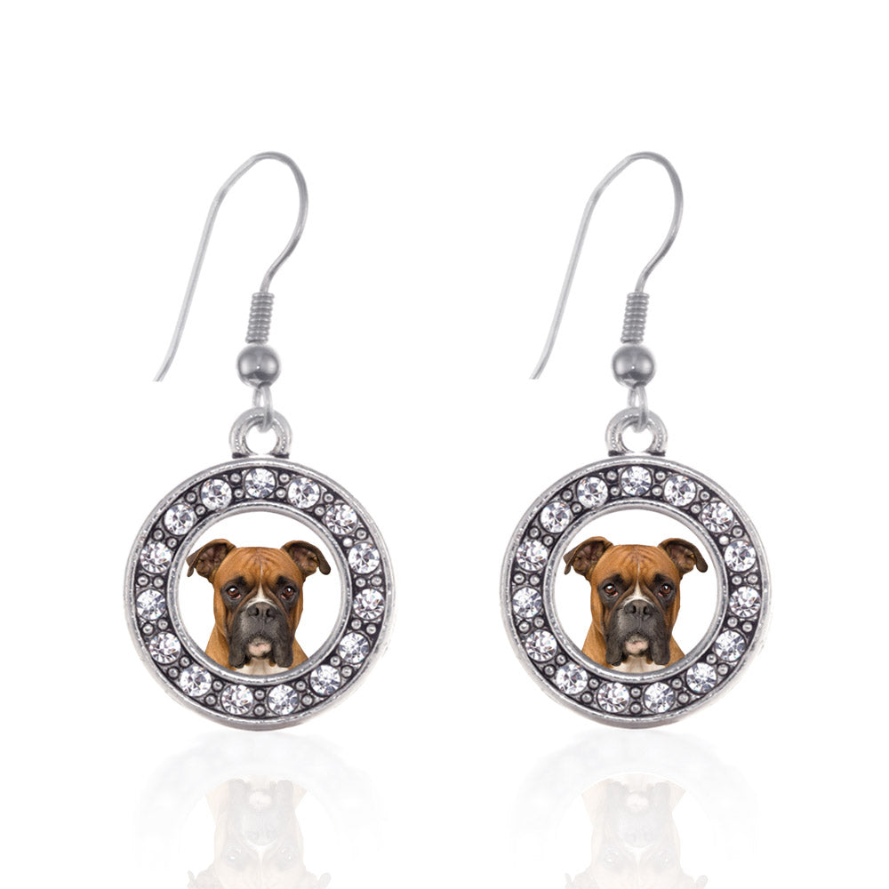 Silver Boxer Face Circle Charm Dangle Earrings