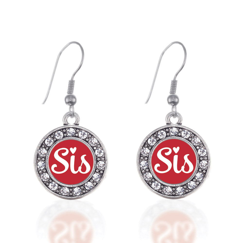 Silver Red Sis Circle Charm Dangle Earrings