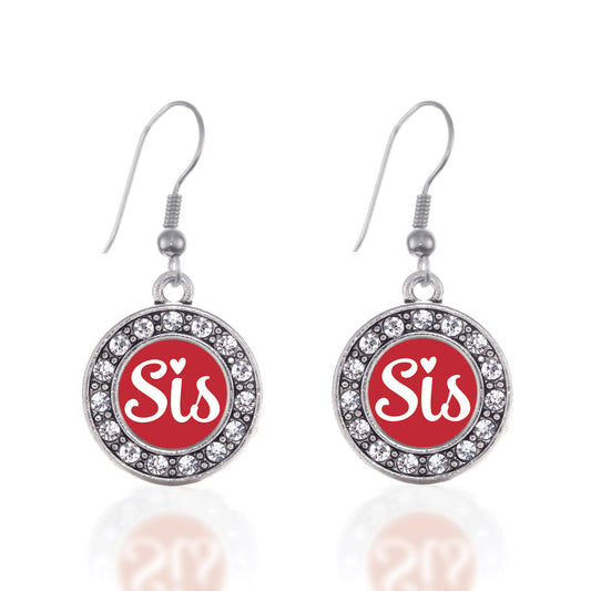 Silver Red Sis Circle Charm Dangle Earrings