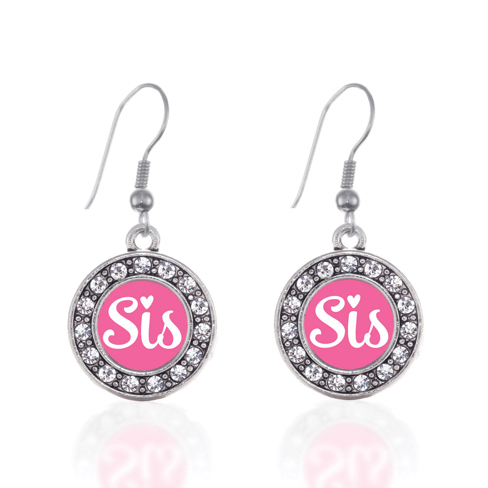 Silver Pink Sis Circle Charm Dangle Earrings