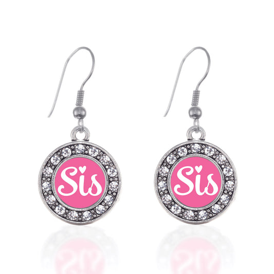 Silver Pink Sis Circle Charm Dangle Earrings