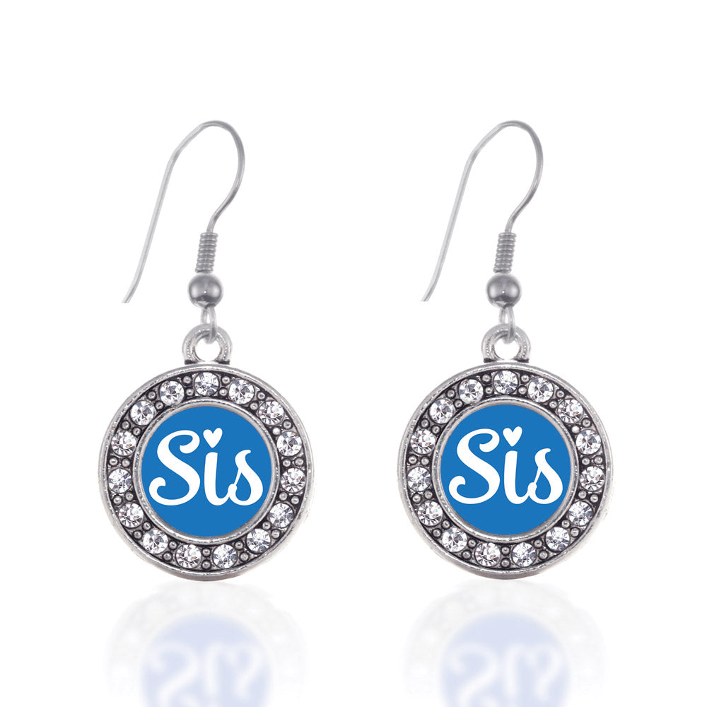 Silver Blue Sis Circle Charm Dangle Earrings