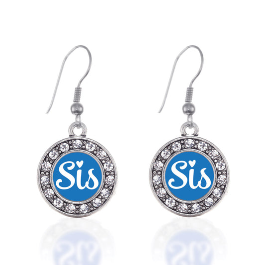 Silver Blue Sis Circle Charm Dangle Earrings