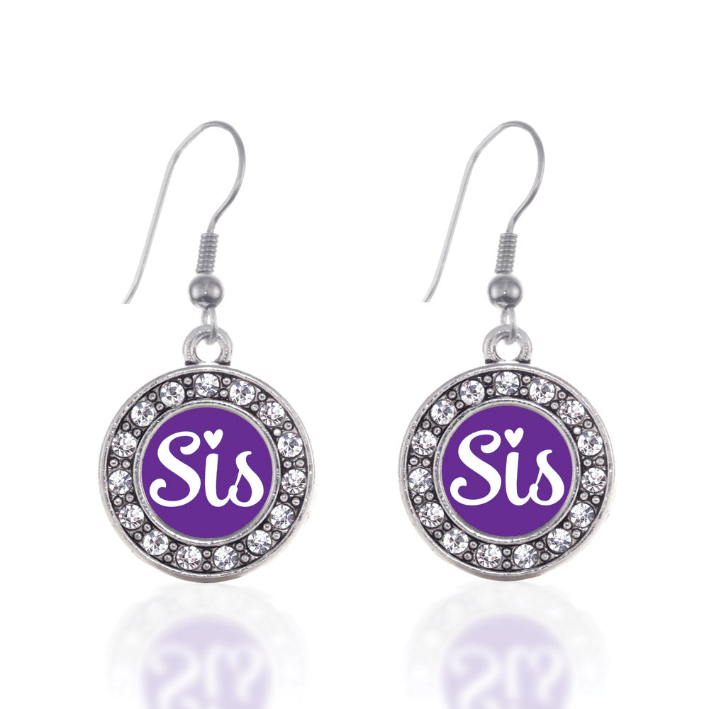 Silver Purple Sis Circle Charm Dangle Earrings