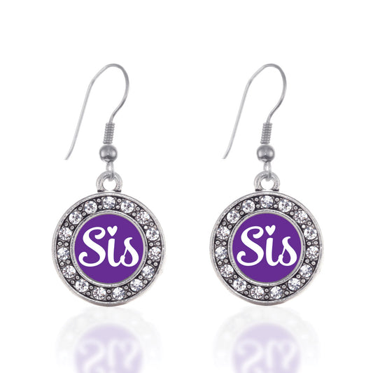 Silver Purple Sis Circle Charm Dangle Earrings