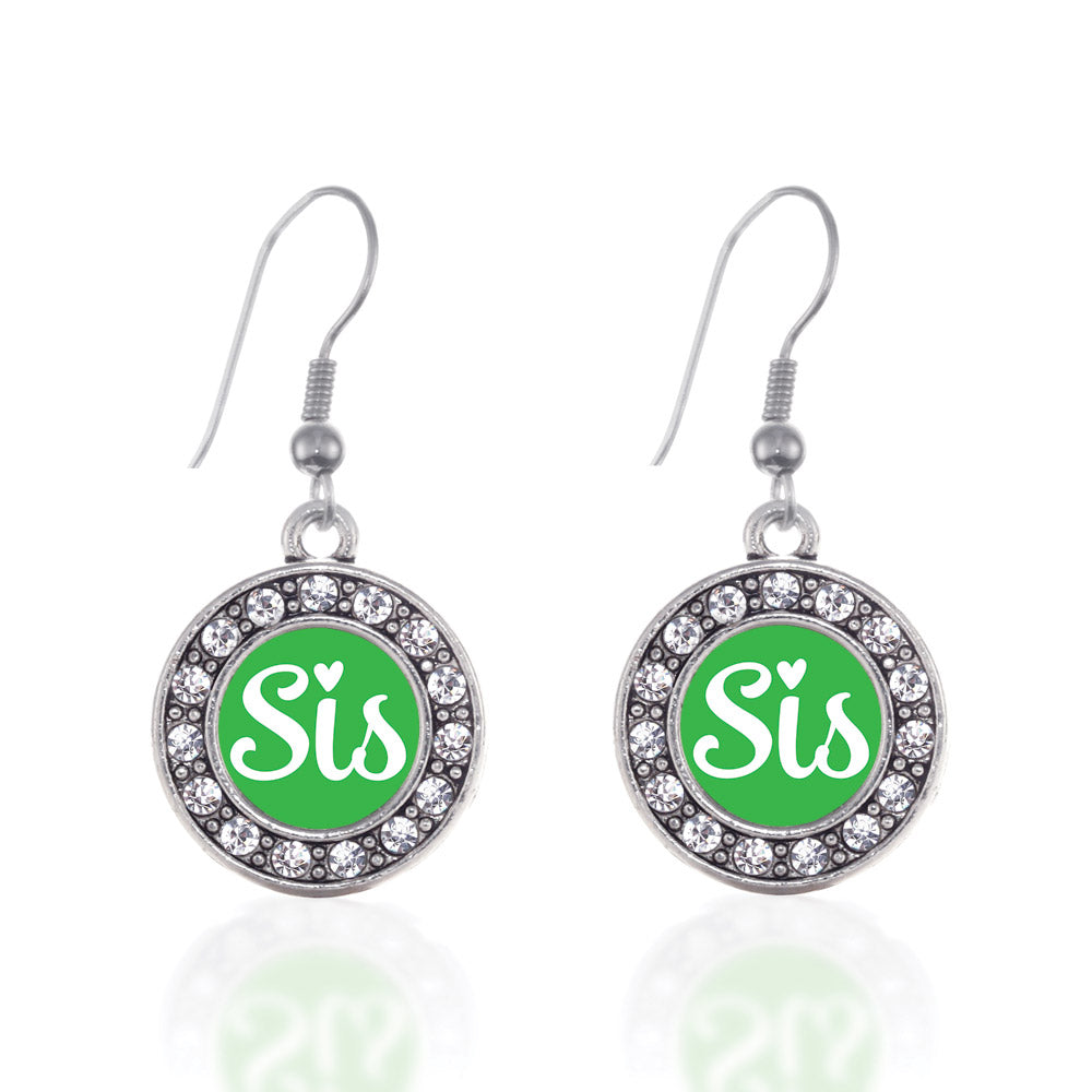 Silver Green Sis Circle Charm Dangle Earrings