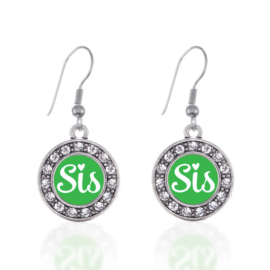 Silver Green Sis Circle Charm Dangle Earrings