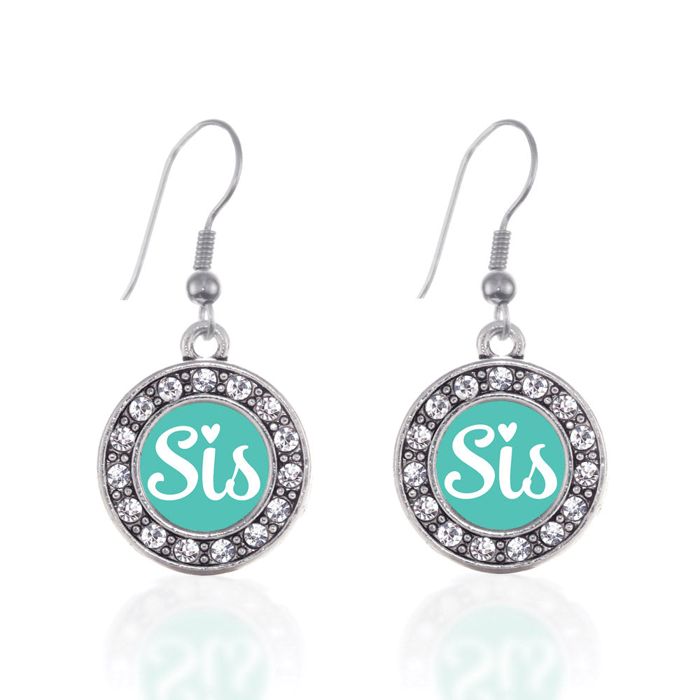 Silver Teal Sis Circle Charm Dangle Earrings