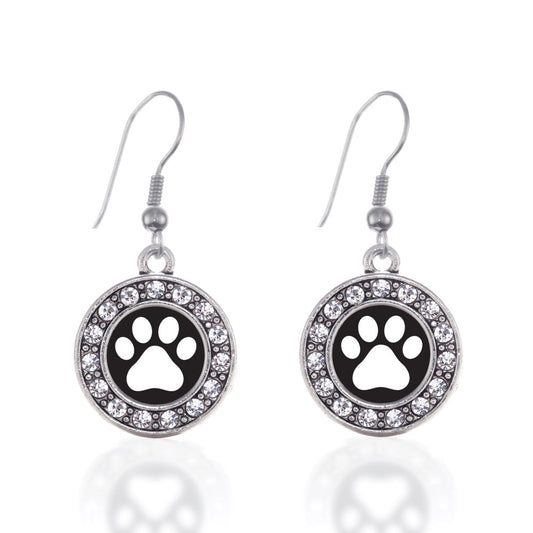 Silver Black and White Paw Print Circle Charm Dangle Earrings