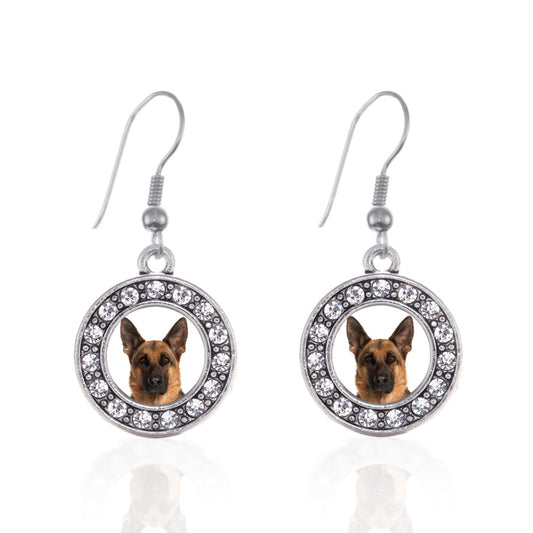 Silver German Shepherd Face Circle Charm Dangle Earrings