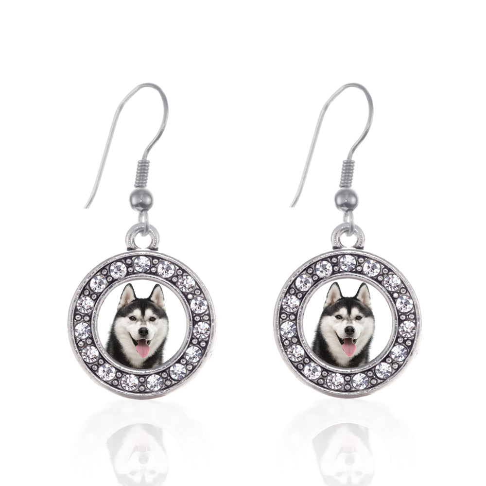 Silver Husky Face Circle Charm Dangle Earrings