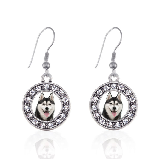 Silver Husky Face Circle Charm Dangle Earrings