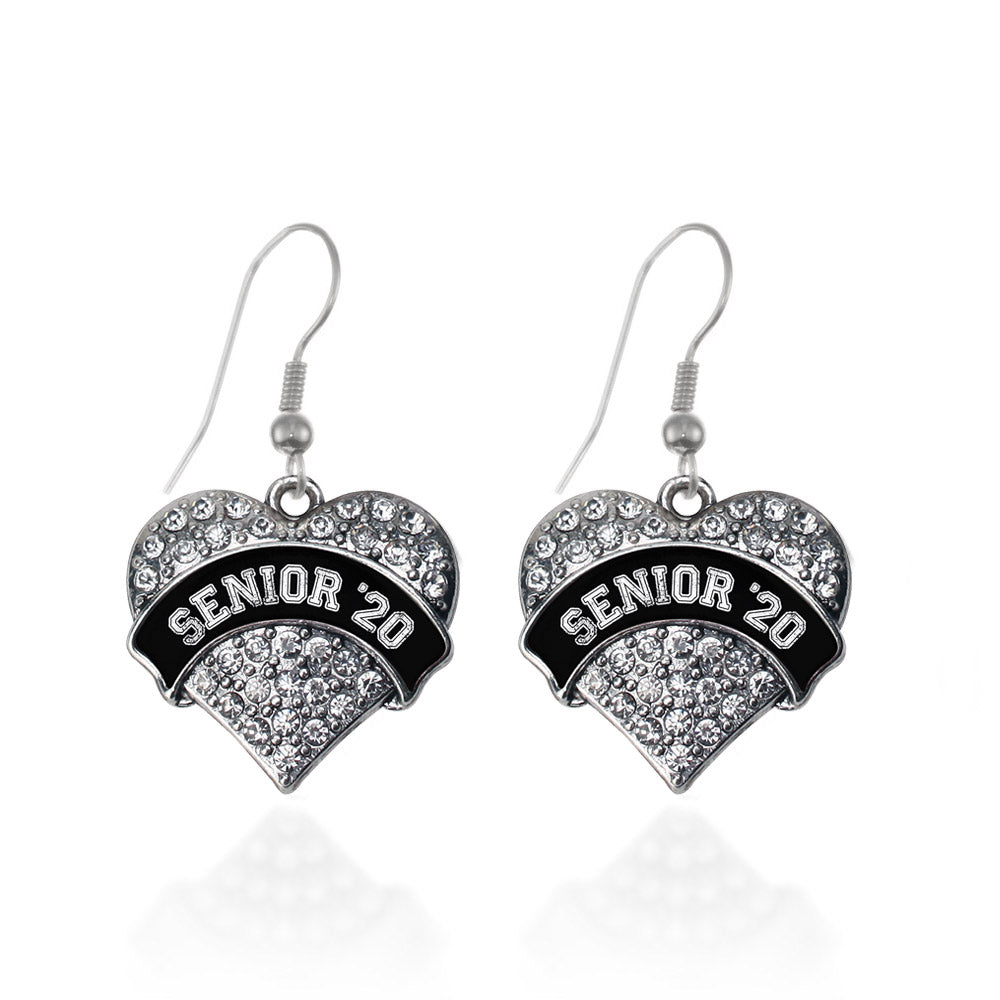 Silver Black and White Senior 2020 Pave Heart Charm Dangle Earrings