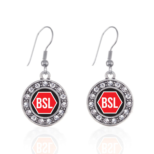 Silver STOP BSL Circle Charm Dangle Earrings