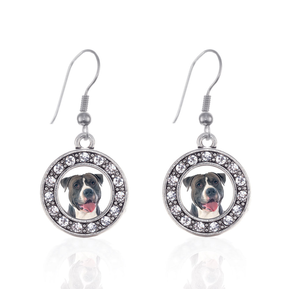 Silver Blue Pit Bull Circle Charm Dangle Earrings
