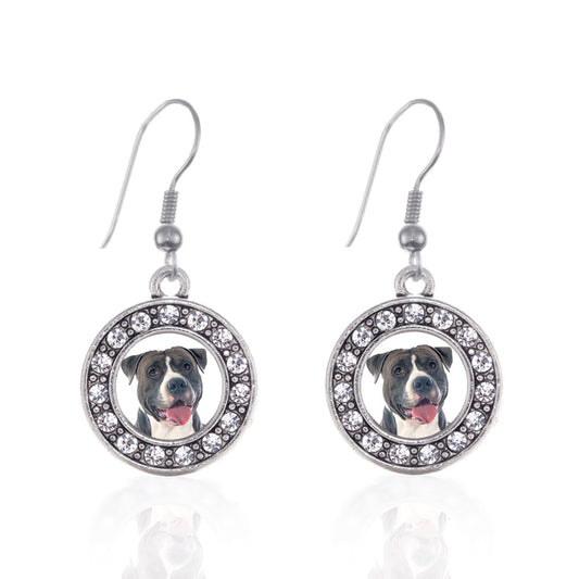 Silver Blue Pit Bull Circle Charm Dangle Earrings