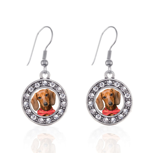 Silver Dachshund Face Circle Charm Dangle Earrings