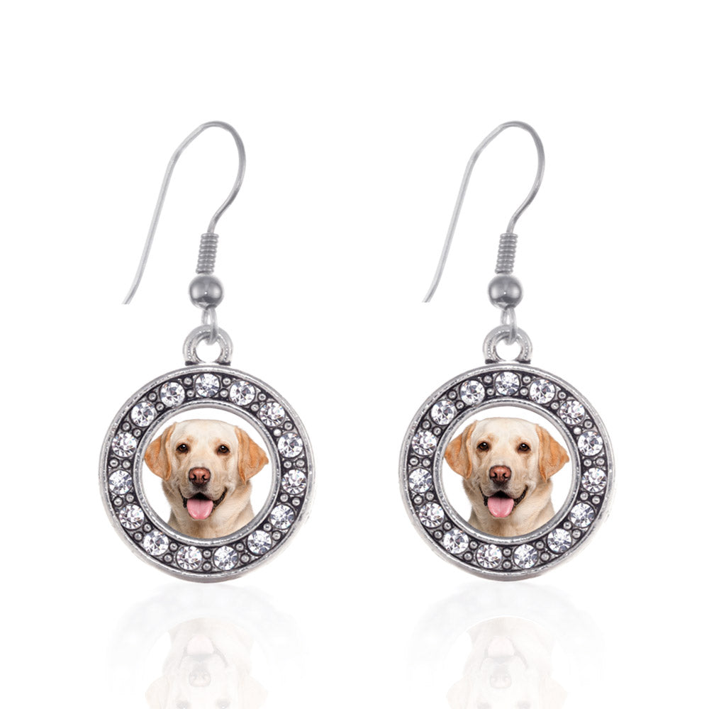 Silver Labrador Face Circle Charm Dangle Earrings