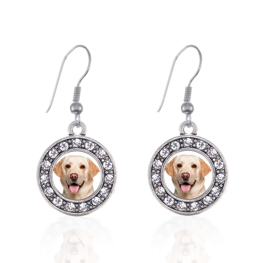 Silver Labrador Face Circle Charm Dangle Earrings