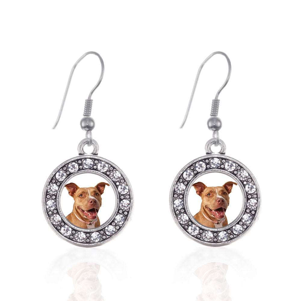 Silver Red Pit Bull Circle Charm Dangle Earrings