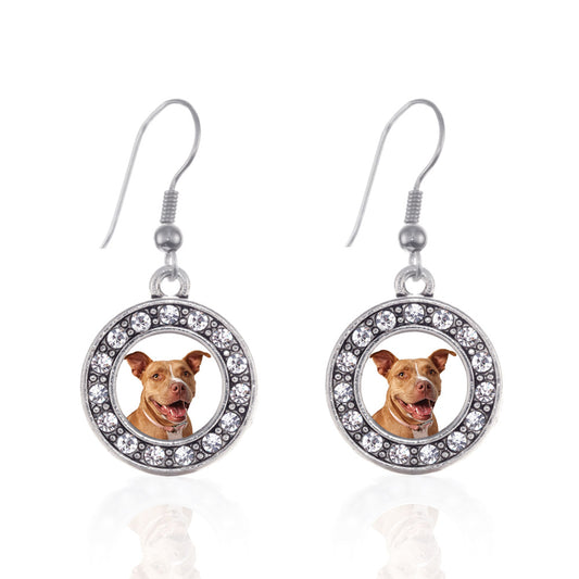 Silver Red Pit Bull Circle Charm Dangle Earrings