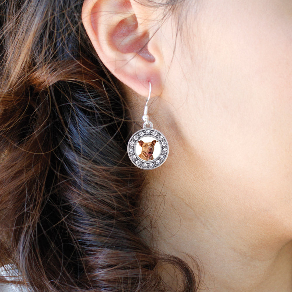 Silver Red Pit Bull Circle Charm Dangle Earrings